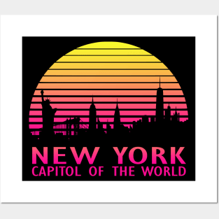 New York Capitol Of The World  80s Tropical Sunset Posters and Art